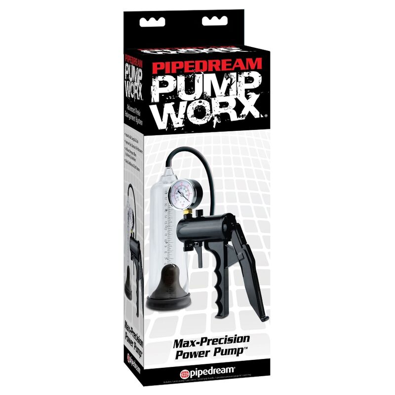 Boite Pipedream Pump Worx Max-Precision Power Pump, visuel produit de la pompe a penis manuelle a gachette avec manometre et cylindre transparent.