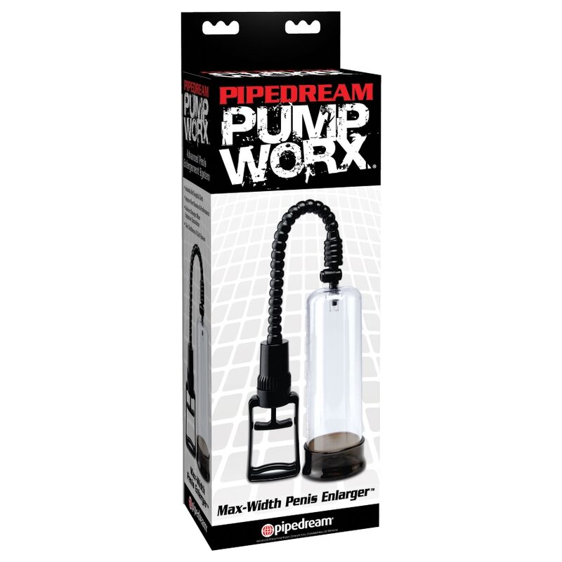 Boite Pipedream Pump Worx Max-Width Penis Enlarger, pompe a penis a gachette et large ouverture, visuel produit sobre pour un effet de succion progressif.