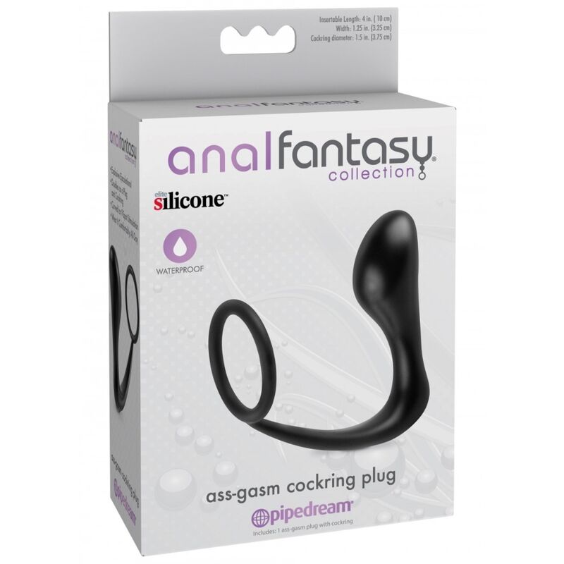 Boite Anal Fantasy Ass-Gasm Cockring Plug montrant l'anneau penien silicone a plug integre pour double action erection et point P.