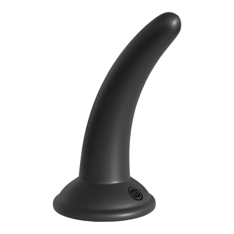 Gode noir courbé du harnais The Pegger, présenté seul sur son socle