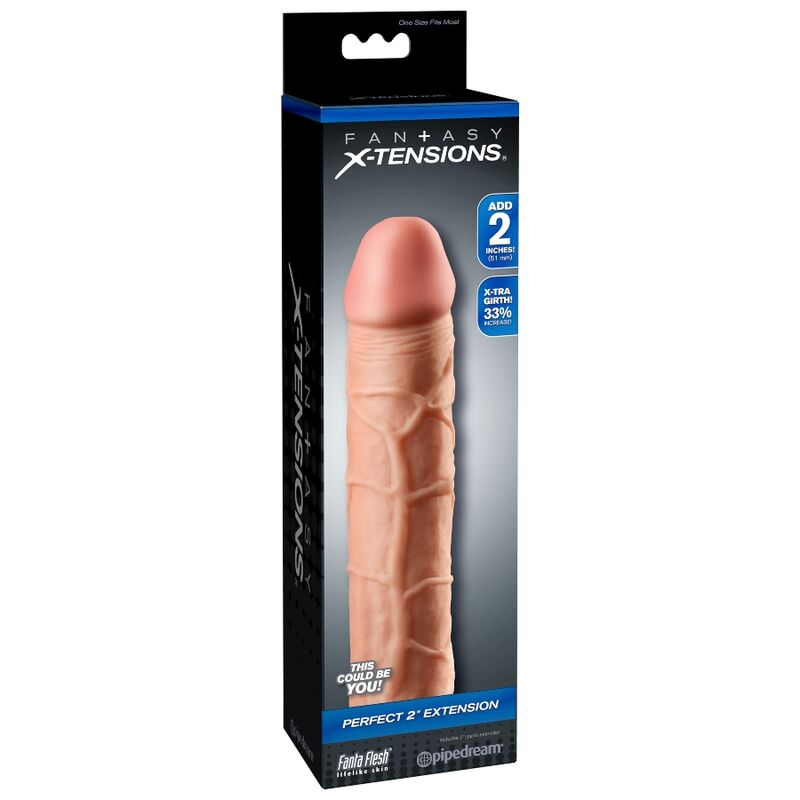 Boite Fantasy X-Tensions Perfect 2 Extension Pipedream, packaging noir présentant la gaine couleur chair réaliste qui ajoute deux pouces de longueur.