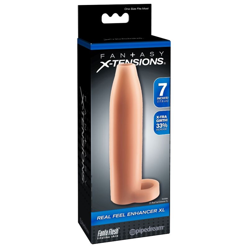Boite Fantasy X-Tensions Real Feel Enhancer XL Pipedream, gaine penienne realiste 7 pouces annoncee 33 pourcent plus epaisse, manchon Fanta Flesh au toucher peau.
