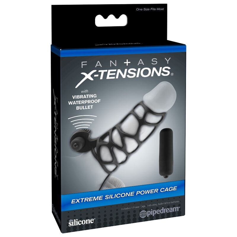 Boite Fantasy X-Tensions Extreme Silicone Power Cage, visuel produit de la cage en silicone noir ajoure avec bullet vibrant etanche a la base.