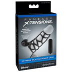 Boite Fantasy X-Tensions Extreme Silicone Power Cage, visuel produit de la cage en silicone noir ajoure avec bullet vibrant etanche a la base.