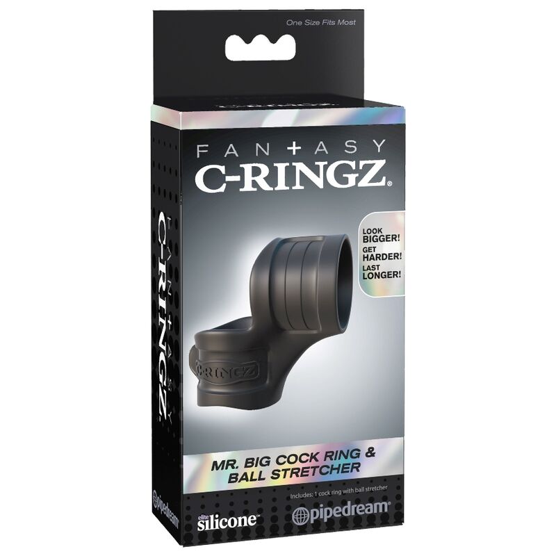 Boite Fantasy C-Ringz Mr Big Cock Ring & Ball Stretcher en silicone Pipedream, packaging produit noir sans visuel anatomique ni scene.