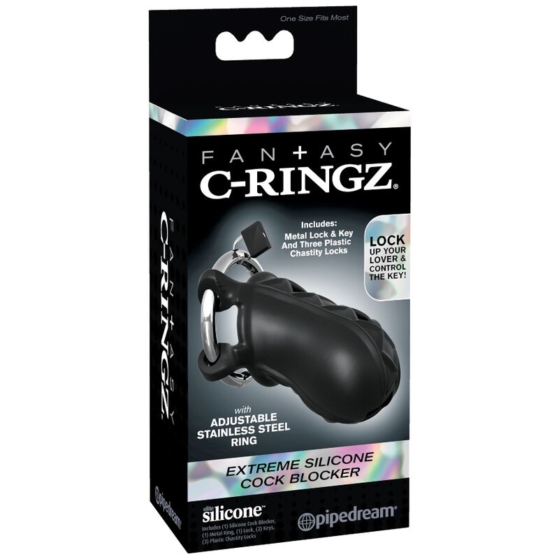 Boite Fantasy C-Ringz Extreme Silicone Cock Blocker de Pipedream, packaging de la cage de chastete a anneau acier reglable, sans element anatomique.