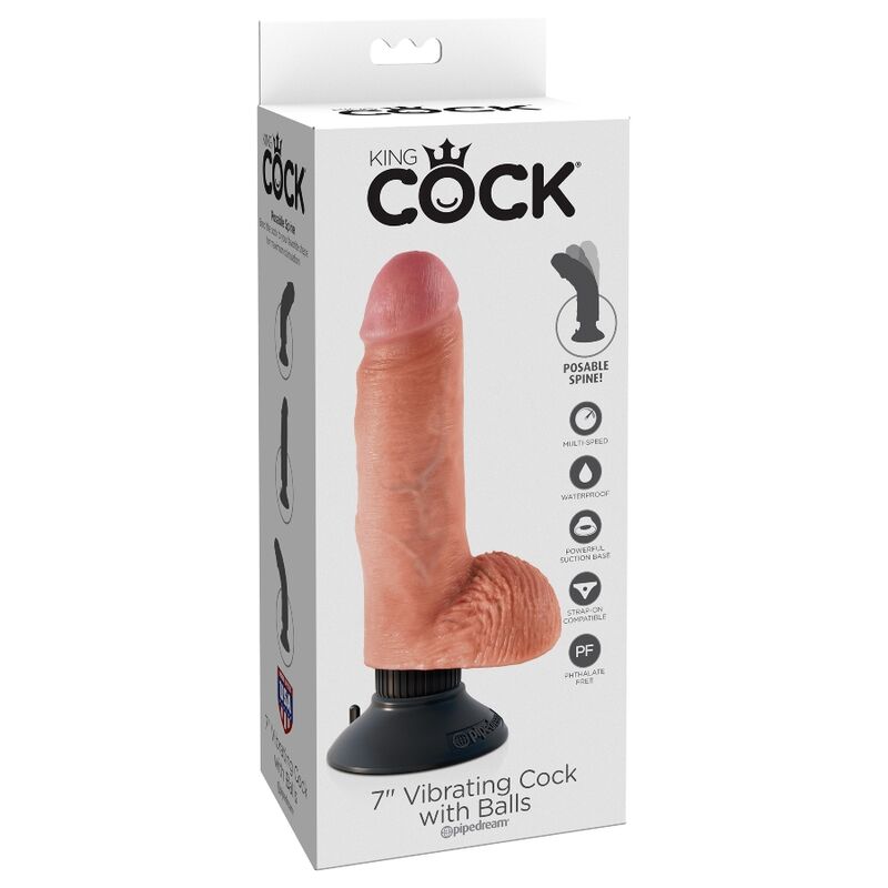 Boite King Cock 7 Vibrating Cock with Balls, packaging du gode realiste a testicules couleur peau detaillant la ventouse puissante, l'ame pliable et les vibrations.