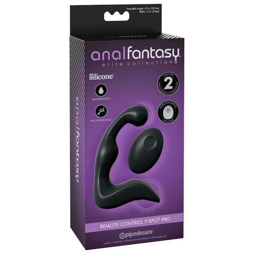 Boite Anal Fantasy Elite Remote Control P-Spot Pro présentant le stimulateur de prostate télécommandé en silicone noir, packaging violet avec vignette du produit.