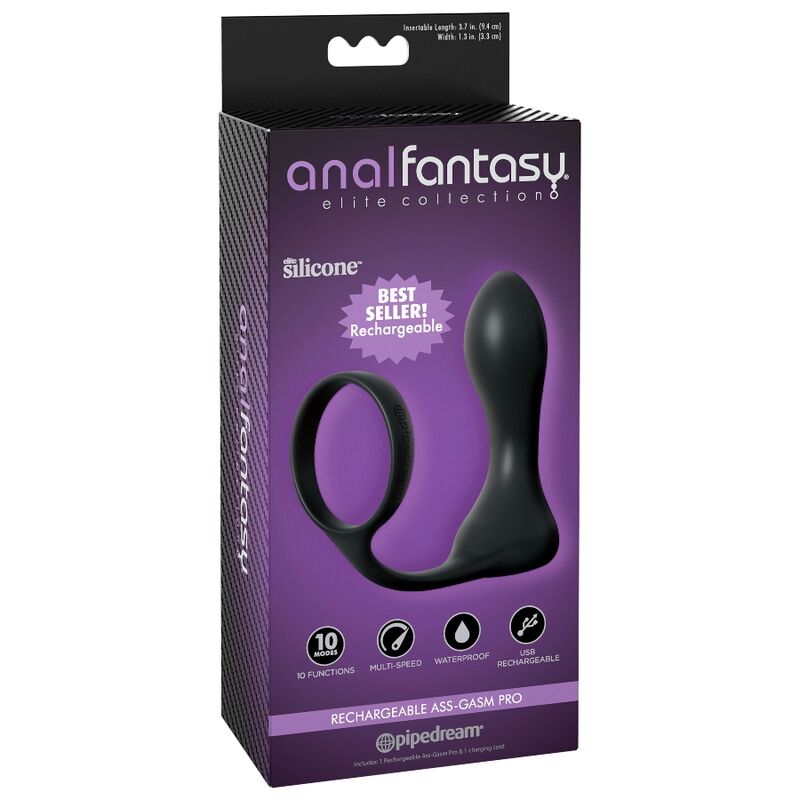 Boite Anal Fantasy Elite Rechargeable Ass-Gasm Pro présentant l'anneau pénien avec plug anal vibrant en silicone noir, packaging violet avec mention best-seller.