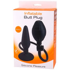 Boite Inflatable Butt Plug taille Medium presentant le plug noir en silicone et sa poire de gonflage, emballage orange Silicone Pleasure etanche et unisexe