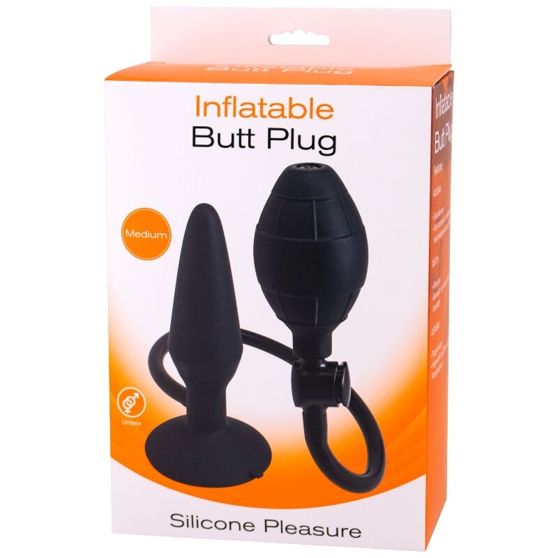 Boite Inflatable Butt Plug taille Medium presentant le plug noir en silicone et sa poire de gonflage, emballage orange Silicone Pleasure etanche et unisexe