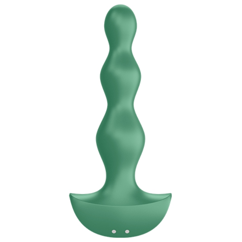 Plug anal Lolli Plug 2 vert en vue trois quarts, ses sphères étagées en silicone doux et sa base évasée à contacts de charge, douze modes de vibration, IPX7.