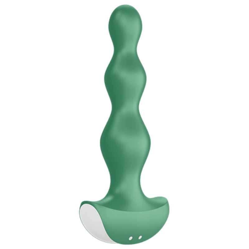 Plug anal vibrant Lolli Plug 2 vert en silicone vu de face, sa tige perlée à billes progressives et sa base large sécurisante, étanche IPX7 et rechargeable.