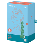 Boîte bleue Lolli Plug 2 Satisfyer au visage stylisé au trait, illustrant le plug anal perlé vert, mention Plug vibrator et pictogramme de programmes.