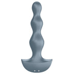Plug anal Lolli Plug 2 gris vu de face avec base évasée à contacts de charge, ses sphères étagées en silicone doux pour une progression confortable, vibrant.