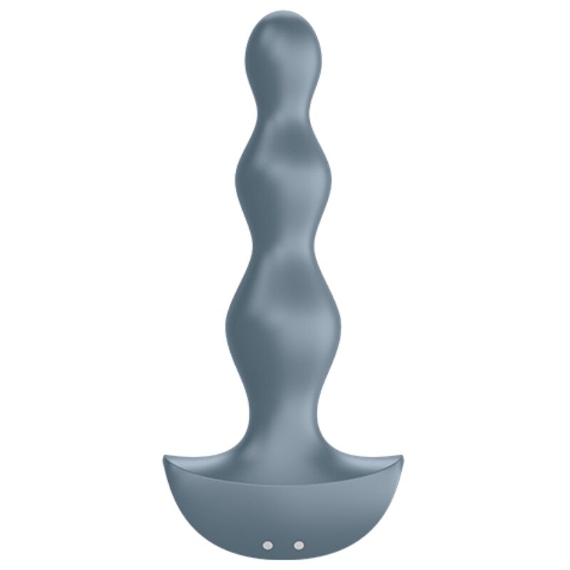 Plug anal Lolli Plug 2 gris vu de face avec base évasée à contacts de charge, ses sphères étagées en silicone doux pour une progression confortable, vibrant.