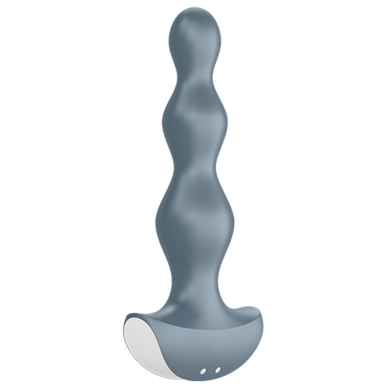 Plug anal vibrant Lolli Plug 2 gris en silicone de face, ses billes progressives et sa base large stabilisante, douze modes de vibration rechargeables, IPX7.