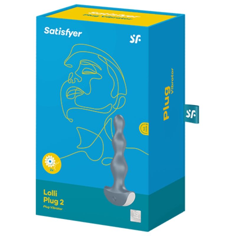 Boîte bleue Lolli Plug 2 Satisfyer au trait visage stylisé, illustrant la version grise du plug anal perlé, mention Plug et programmes de vibration.