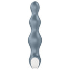 Vue arrière du plug anal Lolli Plug 2 gris montrant sa tige à billes progressives en silicone et son bouton de charge à la base, douze modes vibrants étanches.