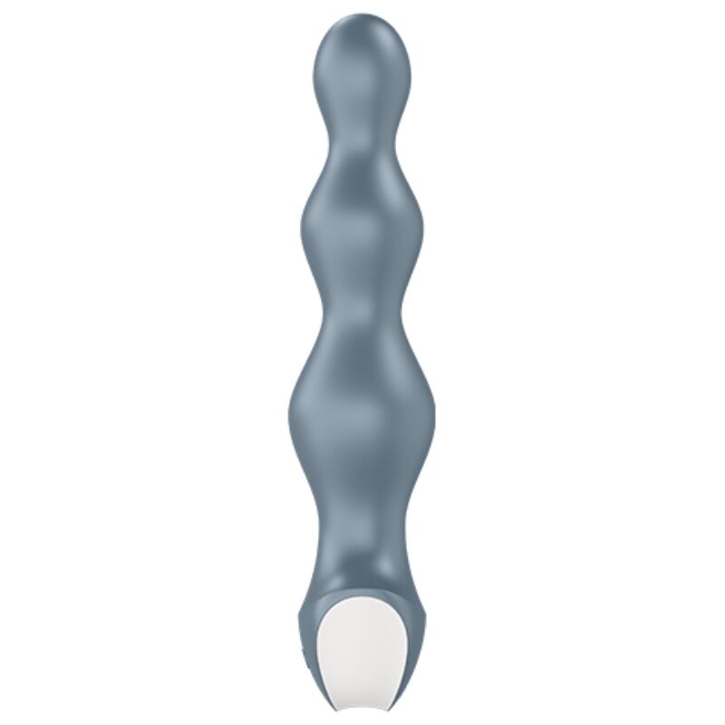 Vue arrière du plug anal Lolli Plug 2 gris montrant sa tige à billes progressives en silicone et son bouton de charge à la base, douze modes vibrants étanches.