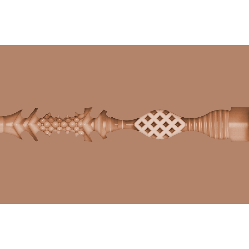 Schema en coupe horizontale de la texture interne du masturbateur Fleshlight Autumn Falls, montrant l'enchainement des reliefs denses et de la grille centrale.