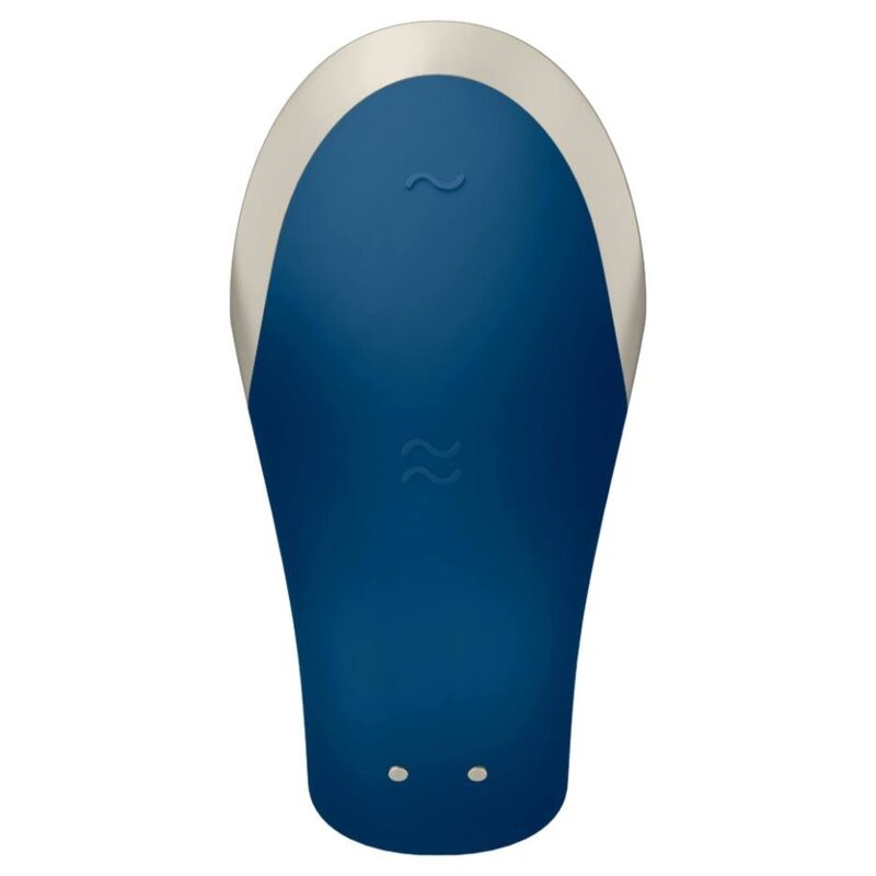 Detail du bras clitoridien du vibromasseur couple Satisfyer bleu nuit et beige, surface lisse en silicone et deux points de contact discrets.
