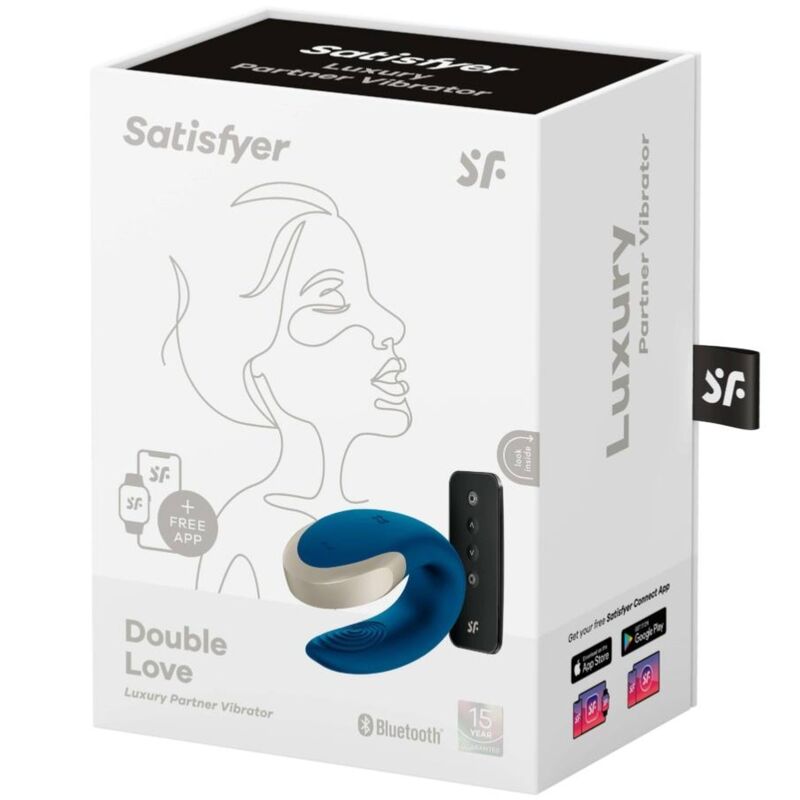 Boite blanche du vibromasseur de couple Satisfyer Luxury Double Love, dessin de visage au trait et photo du stimulateur bleu, mention app gratuite.