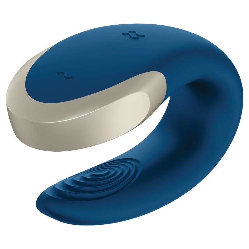 Vibromasseur de couple Satisfyer en forme de U, silicone bleu nuit et accent beige dore, branche flexible portee pendant le rapport, etanche.