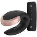 Vibromasseur de couple Satisfyer Double Love en U, silicone noir et accent dore avec telecommande, stimulation clitoris et point G en simultane.