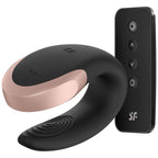 Vibromasseur de couple Satisfyer Double Love en U, silicone noir et accent dore avec telecommande, stimulation clitoris et point G en simultane.