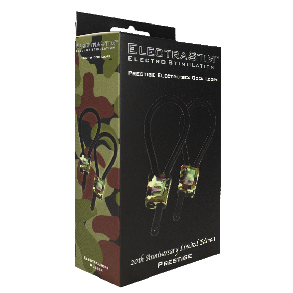 Boite camouflage ElectraStim Prestige edition 20e anniversaire montrant les boucles peniennes en caoutchouc conducteur, cock loops reglables pour electro-sexe.