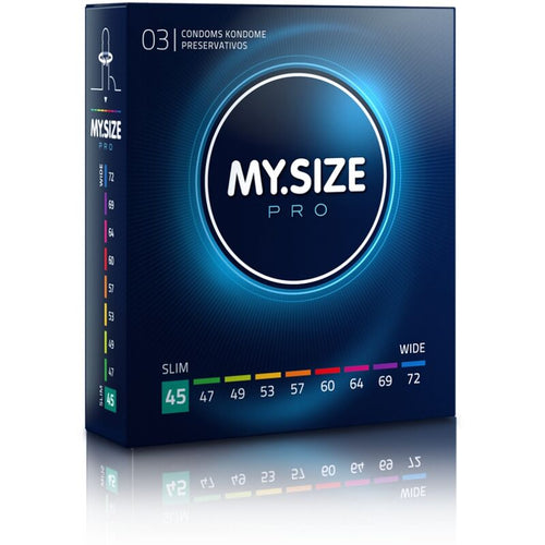 Boite My Size Pro 3 preservatifs latex largeur 45 mm, packaging bleu vu de trois quarts, reglette de tailles surlignee 45, la plus fine de la gamme pres du corps.