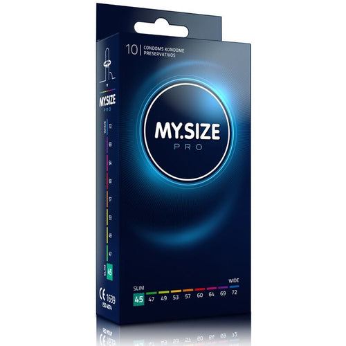 Boite My Size Pro 10 preservatifs latex largeur 45 mm, etui vertical clair avec curseur de tailles surligne 45, ajustement pres du corps le plus fin de la gamme.
