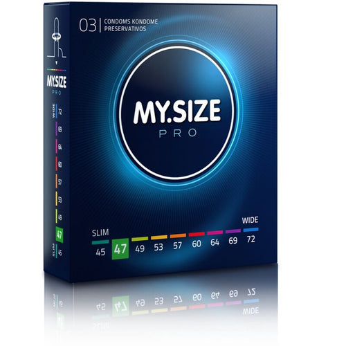 Boite My Size Pro 3 preservatifs latex petite taille largeur 47 mm, packaging bleu vu de face, reglette de tailles surlignee 47, diametre serre pour morphologies fines.
