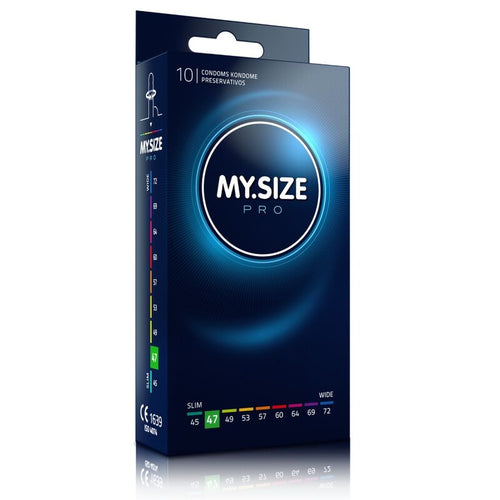 Boite My Size Pro 10 preservatifs latex petite taille largeur 47 mm, etui vertical clair avec curseur surligne 47, diametre serre pour morphologies fines sans glisser.