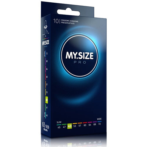 Boite My Size Pro 10 preservatifs latex largeur 49 mm, etui vertical clair avec curseur de tailles surligne 49, maintien precis pour morphologies plus fines que le standard.