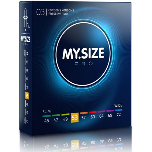 Boite My Size Pro 3 preservatifs latex largeur 53 mm, packaging bleu vu de trois quarts, reglette de tailles surlignee 53, maintien sur standard sans serrer ni flotter.