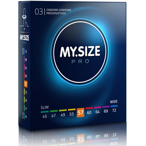 Boite My Size Pro 3 preservatifs latex largeur 57 mm, packaging bleu vu de face, reglette de tailles surlignee 57, taille intermediaire pour qui trouve le standard juste.