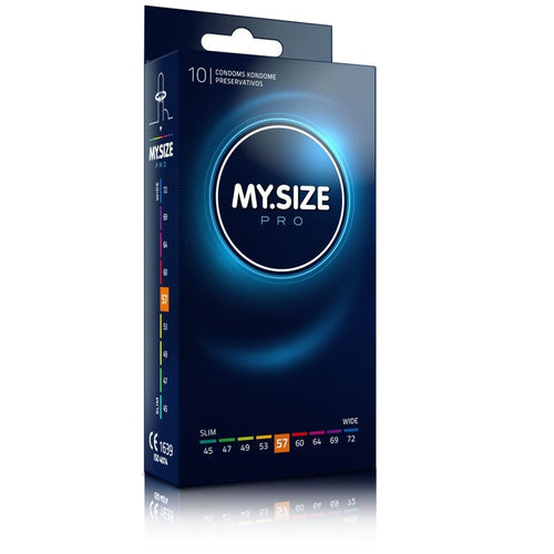 Boite My Size Pro 10 preservatifs latex largeur 57 mm, etui vertical clair avec curseur de tailles surligne 57, taille intermediaire ideale entre standard et large.