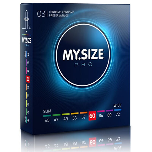 Boite My Size Pro 3 preservatifs latex largeur 60 mm, packaging bleu vu de face, reglette de tailles surlignee 60, ajustement equilibre de reference.