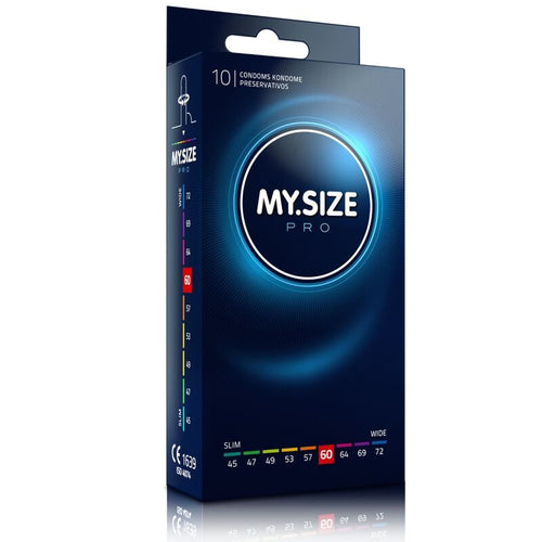 Boite My Size Pro 10 preservatifs latex largeur 60 mm, etui vertical clair avec curseur de tailles surligne 60, taille de reference equilibree pour une large part des hommes.