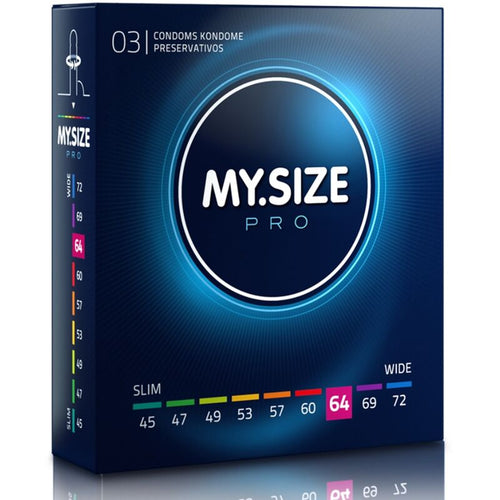 Boite My Size Pro 3 preservatifs latex largeur 64 mm, packaging bleu vu de trois quarts, reglette de tailles surlignee 64, ajustement confortable au-dessus du standard.