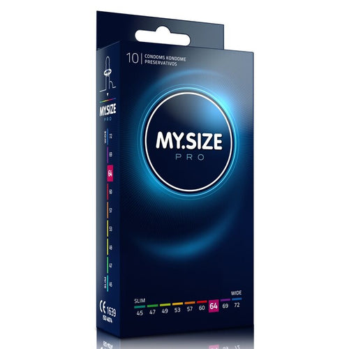 Boite My Size Pro 10 preservatifs latex largeur 64 mm, etui vertical clair avec curseur de tailles surligne 64, un cran au-dessus du standard pour plus de confort.