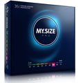 Pack My Size Pro 36 preservatifs latex largeur 64 mm, boite cubique bleu nuit avec curseur de tailles 64, ajustement confortable pour qui se sent un peu a l etroit.