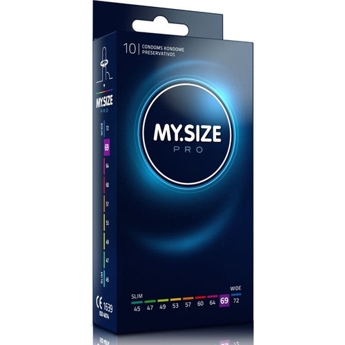 Boite My Size Pro 10 preservatifs latex grande taille largeur 69 mm, etui vertical avec reglette de tailles surlignee 69, supprime la compression des morphologies larges.