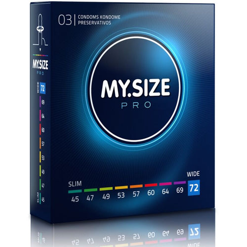 Boite My Size Pro de 3 preservatifs latex sur mesure largeur 72 mm, packaging bleu avec reglette de tailles surlignee 72, pour morphologies que le standard serre trop.