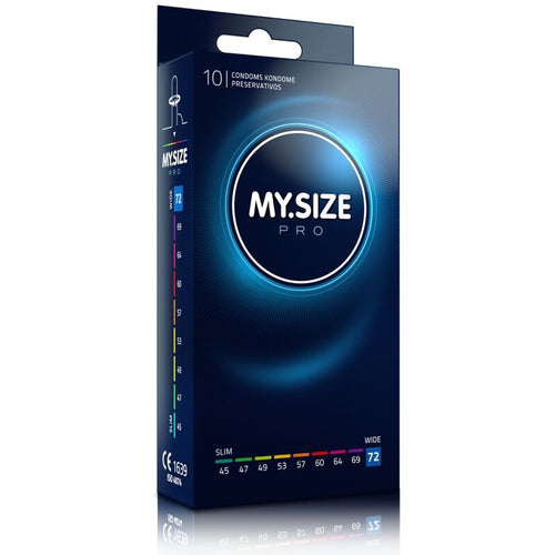 Boite My Size Pro de 10 preservatifs latex largeur 72 mm, format etui vertical clair avec curseur de tailles, ajustement sur mesure pour plus de confort.
