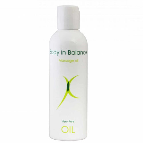 Flacon blanc Very Pure d'huile de massage Body in Balance vu de face, format pompe, huile neutre au pH equilibre, inodore et incolore pour tous types de peau