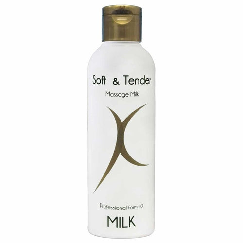 Flacon de lait de massage sensuel Soft & Tender, gel inodore a texture fluide qui glisse sur la peau, format de soin professionnel, bouchon dore, vue de face