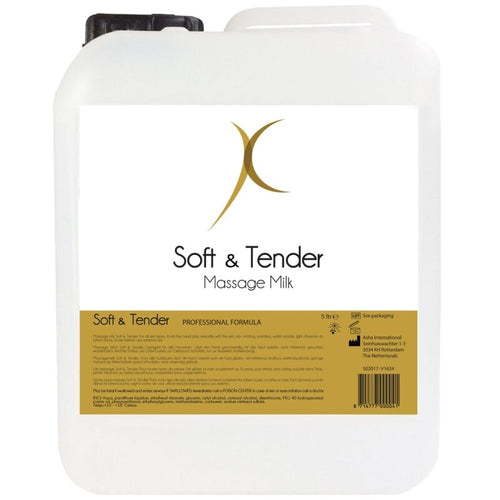 Grand bidon professionnel de lait de massage Soft & Tender, huile de massage inodore fluide rincable a l'eau, etiquette doree Massage Milk, format economique de spa